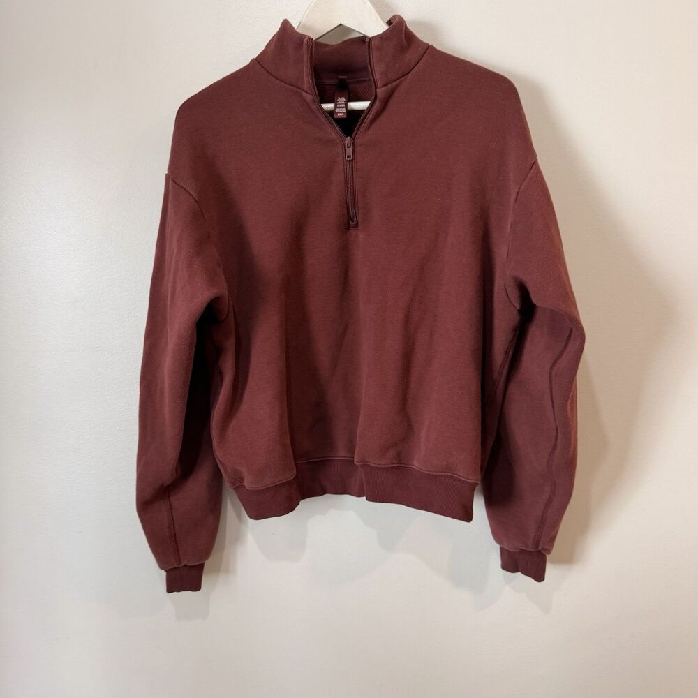SKIMS Quarter Zip Pullover Sweatshirt Burgundy Oversized Heavyweight Size Large